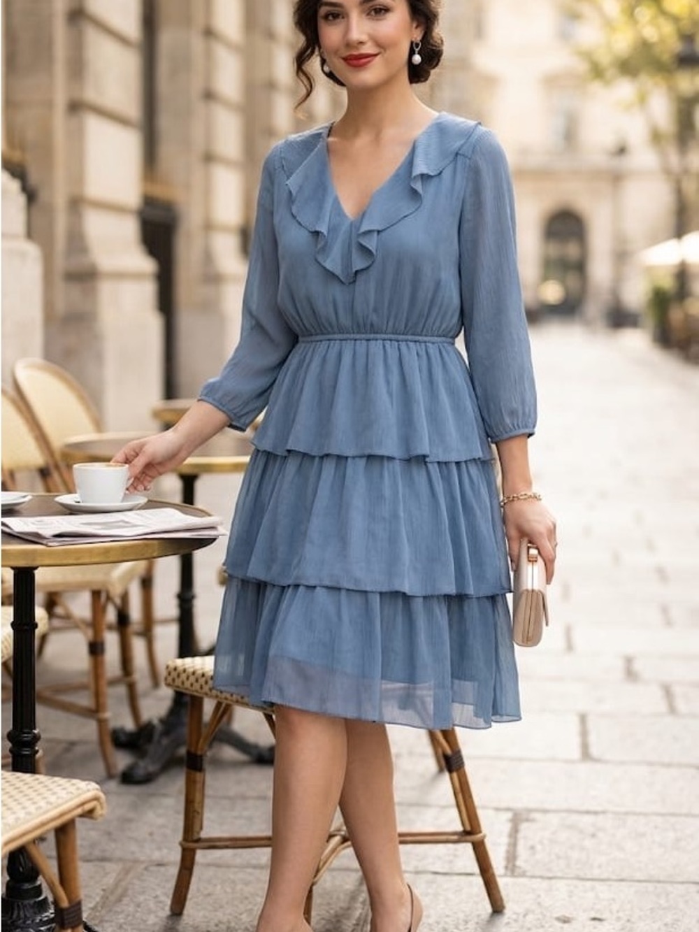 Little Moon Dusty Blue Tiered Ruffle Midi Dress